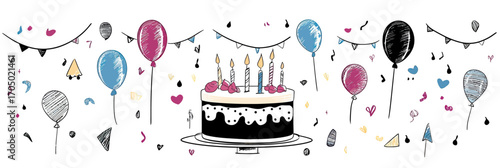 Hand drawn birthday cake with lit candles surrounded by floating balloons, confetti, and garlands in flat minimalist vector style for party celebration background