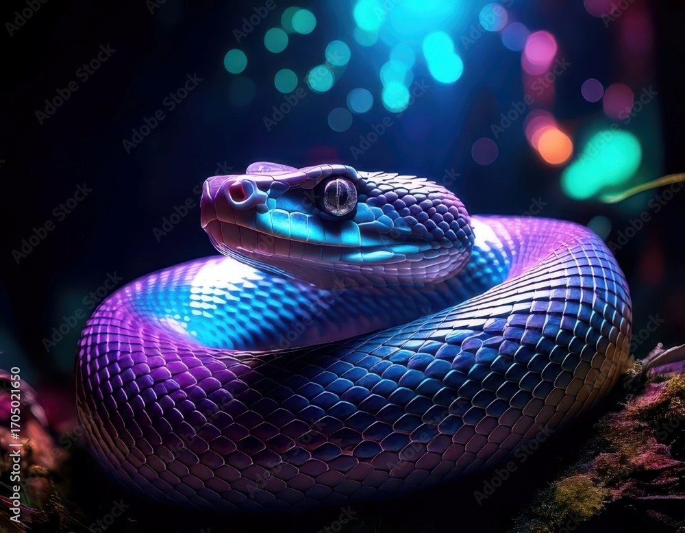 Fototapeta premium Snake in a vibrant dreamy atmosphere with colorful flares and sparkling ambient light