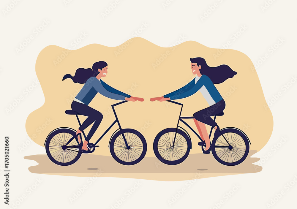 Fototapeta premium Two businesswomen riding bicycles facing each other illustrating conflict disagreement challenge teamwork concept in flat vector style