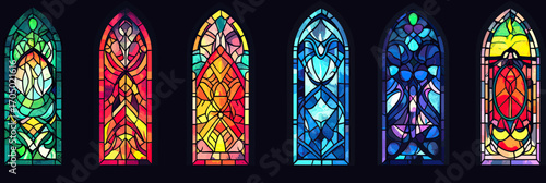 Colorful stained glass windows set with intricate geometric and floral patterns in vibrant reds, blues, greens, yellows, and purples flat minimalist vector design illustration on dark background