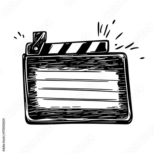 Hand drawn black and white film clapperboard sketch with blank space for text movie production icon illustration vector isolated on white background minimalist design
