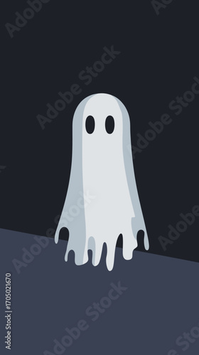 Minimalist flat vector illustration of spooky white ghost with black eyes casting shadow on dark background for Halloween or paranormal theme design concept