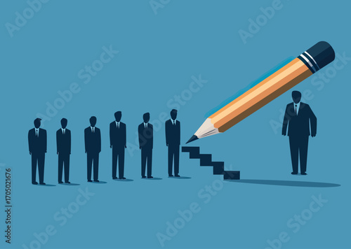 Businessman leader drawing staircase with pencil leading team of business people climbing stairs symbolizing career growth success progress and leadership concept flat vector design