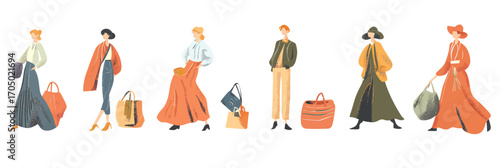 Stylish women shopping with reusable bags holding secondhand and eco friendly clothing wearing fall fashion outfits in minimalist flat vector style illustration