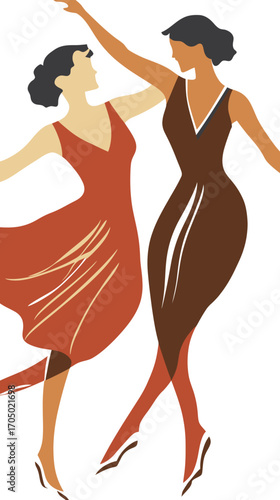 Stylized vector illustration of two elegant women dancing in flowing dresses with graceful poses and abstract shapes conveying movement and rhythm