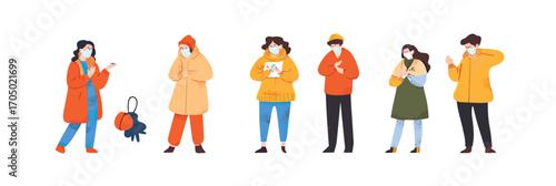 Group of diverse people wearing face masks coughing and showing cold symptoms in winter clothing isolated on white background for flu season and respiratory illness concept vector illustration