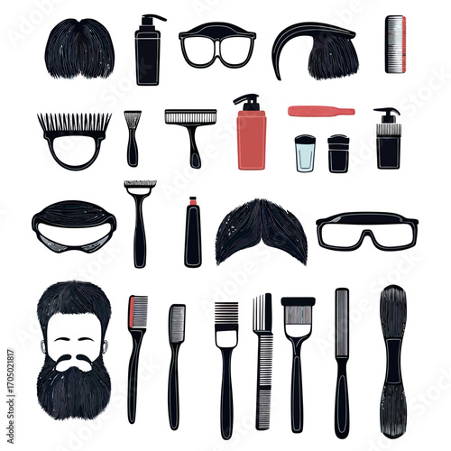 Set of beard grooming tools scissors comb brushes mustache hair clippers shampoo bottle and glasses in flat minimalist style for barber shop and personal care concepts