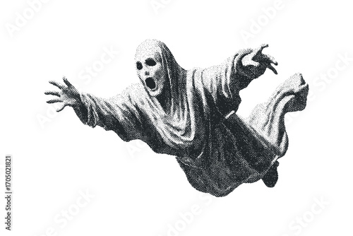 Terrified ghost figure with open mouth and reaching hands on transparent background. Vector hand drawn illustration