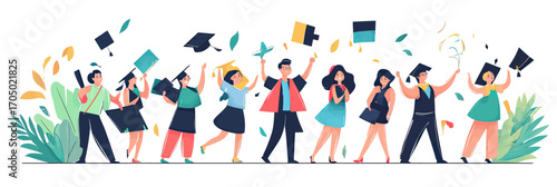 Diverse group celebrating graduation ceremony throwing academic caps holding diplomas success concept flat vector illustration