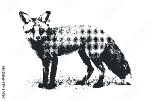 Halftone Dot Fox Standing on Transparent Background. Vector hand drawn illustration
