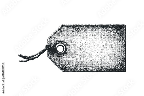 Stippled Rectangular Tag with String Isolated. Vector hand drawn illustration