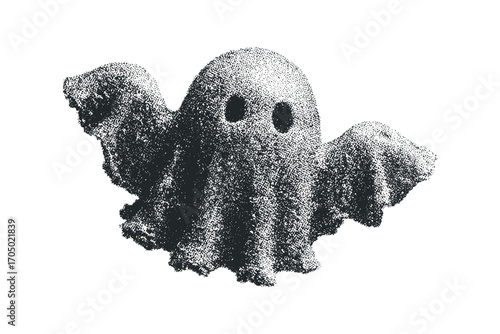 Whimsical Halftone Ghost with Arms Outstretched Transparent. Vector hand drawn illustration