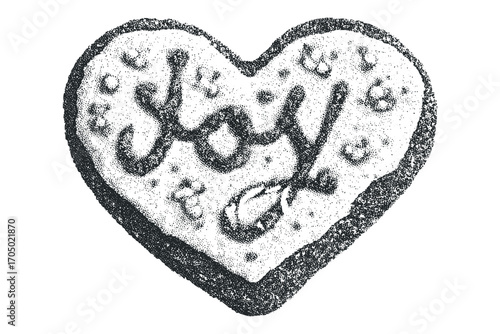 Heart shaped cookie with the word joy written on it. Vector hand drawn illustration