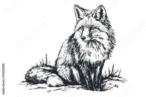 Pencil sketch drawing of a fox sitting on grassy ground, isolated on white. Vector hand drawn illustration