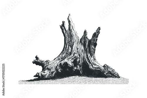 Gnarly tree stump with textured bark and organic form on transparent. Vector hand drawn illustration