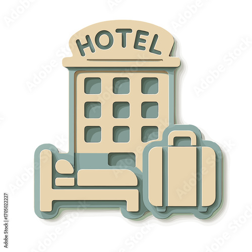3d icon of hotel building with bed and luggage in beige and blue tones
