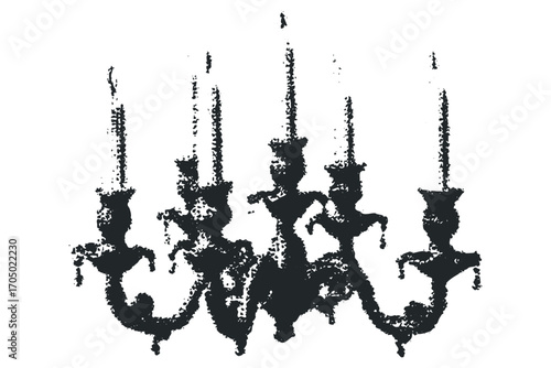 Distressed dark ornate candelabra with five unlit candles on transparent background. Vector hand drawn illustration