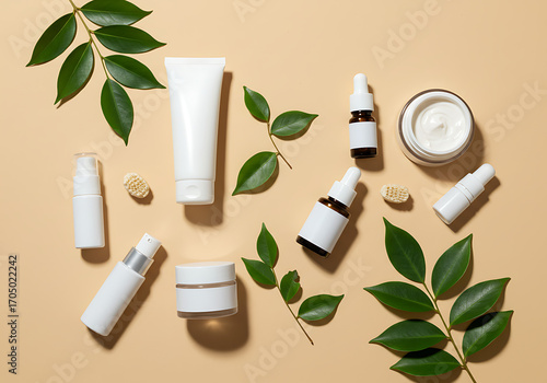 Eco-Friendly Skincare: A curated collection of organic skincare products, surrounded by fresh leaves and natural elements, inviting a glimpse into mindful self-care rituals and wellness routines.