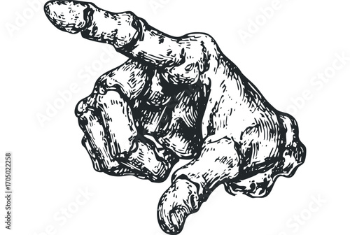 Hand pointing finger gesture, sketch style,. Vector hand drawn illustration