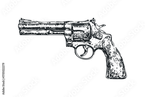 Detailed Engraved Revolver Pistol Image. Vector hand drawn illustration