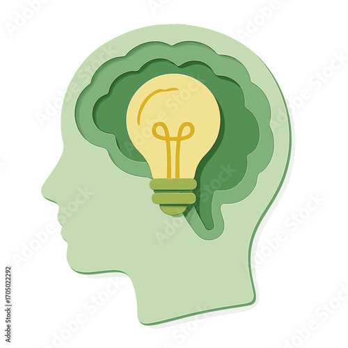 Creative thinking concept with light bulb inside human head in paper cut style