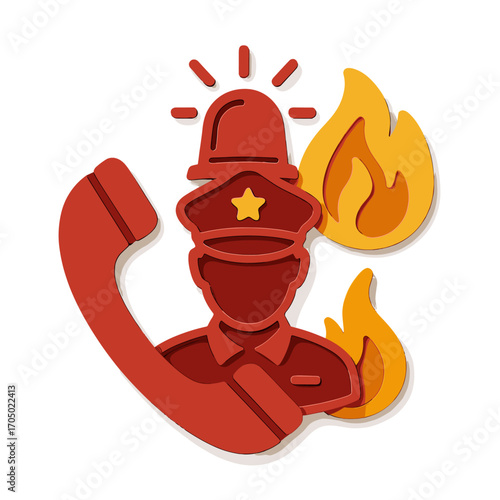 Emergency services icon with firefighter and phone in 3d cutout style