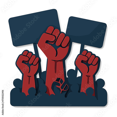 3d paper cutout of raised fists and protest signs for social justice movement