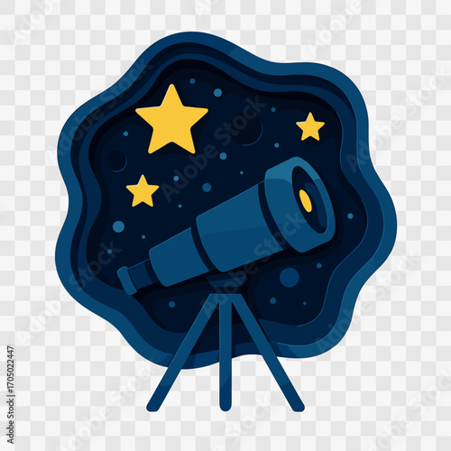 Dark blue night telescope with stars in paper cut style