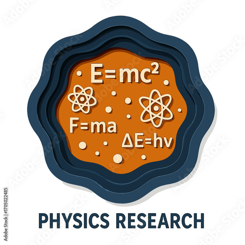 Physics research badge design with scientific equations and atom symbols
