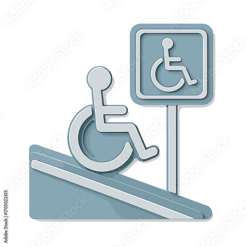 Inclusive design: accessible ramp and sign in 3d blue