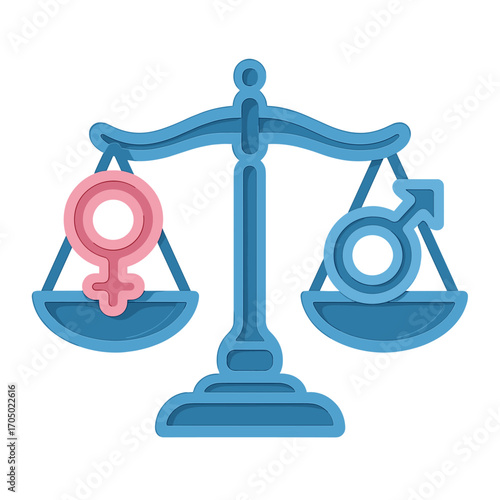 Gender equality in neon style: balancing male and female symbols on scales