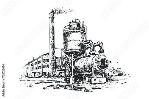 Sketch of industrial factory with smoke from chimney on transparent background. Vector hand drawn illustration