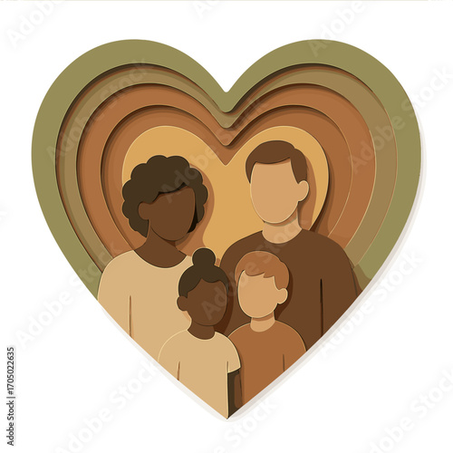 Heart-shaped family portrait in layered papercut style art