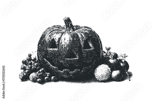 Carved pumpkin with surrounding fruit on transparent background. Vector hand drawn illustration