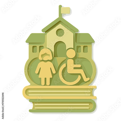 Inclusive education concept with accessible school and symbols in modern 3d art style