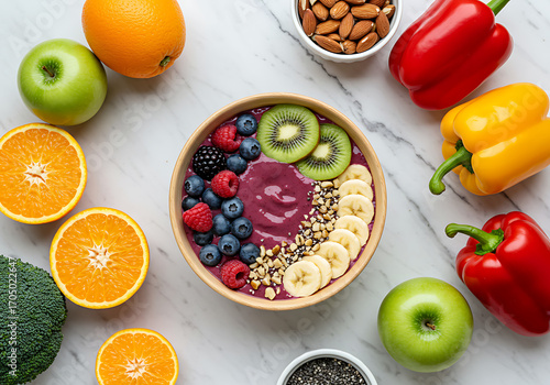 Colorful Cuisine: A vibrant and healthful smoothie bowl, brimming with a mix of fresh, colorful fruits and toppings, creating a feast for the eyes and a celebration of nutrition. 