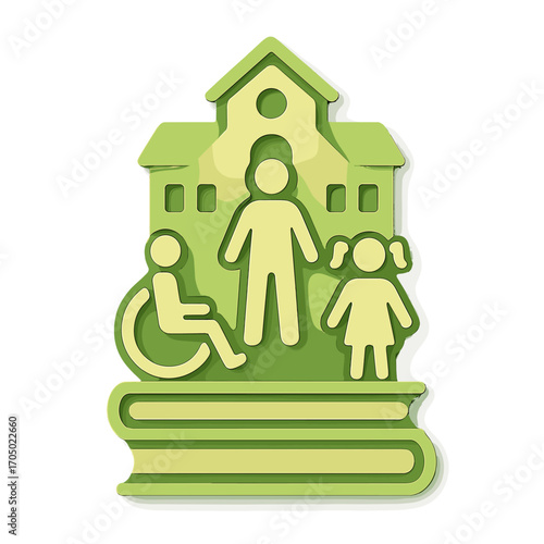 Inclusive education concept with diverse children and school building