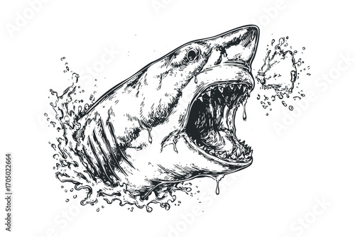 Shark head with open mouth and water splash. Vector hand drawn illustration