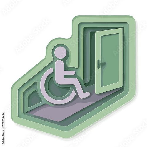 Accessible entryway icon with open door in green and purple layers