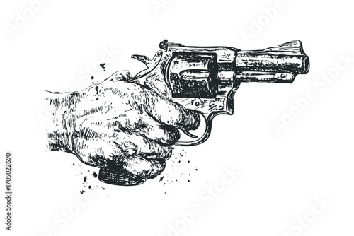Hand holding vintage revolver gun, sketch style. Vector hand drawn illustration