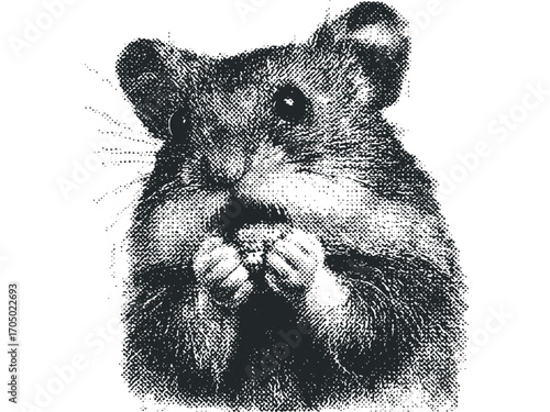 Mouse holding food paws detailed halftoned graphic. Vector hand drawn illustration