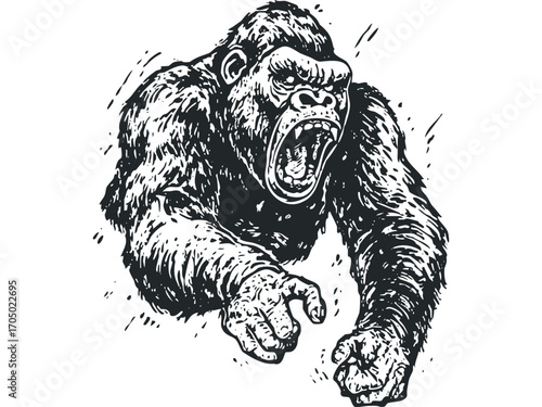 Fierce gorilla roaring and charging forward. Vector hand drawn illustration
