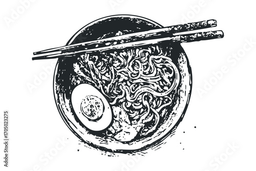 Ink sketch of ramen bowl with chopsticks and egg on transparent background. Vector hand drawn illustration