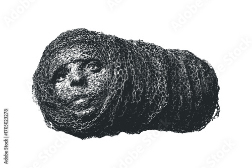Person emerging from textured fabric, dot art style,. Vector hand drawn illustration