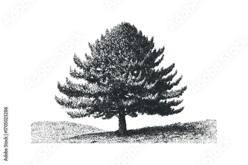 Textured silhouette of a lone tree on a hill rendered in stippling technique. Vector hand drawn illustration