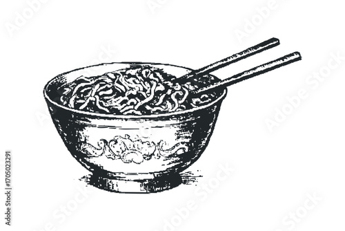 Hand drawn sketch of noodle bowl with chopsticks. Vector hand drawn illustration