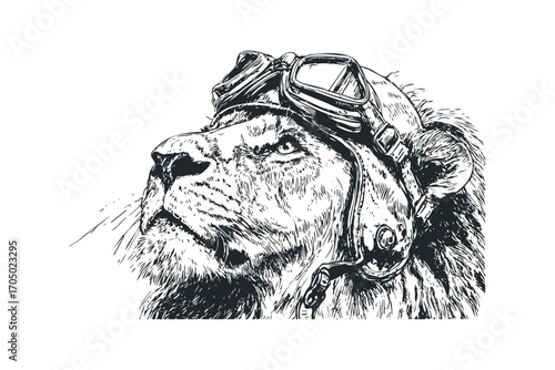 Lion wearing aviator goggles and cap image. Vector hand drawn illustration