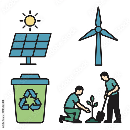 Sustainable living icons solar panel wind turbine recycling planting trees for eco friendly environment