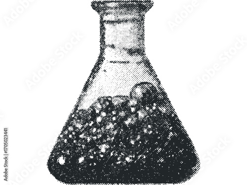 Erlenmeyer flask with liquid and bubbles on transparent background. Vector hand drawn illustration