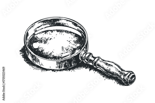 Magnifying glass with wooden handle on transparent background. Vector hand drawn illustration